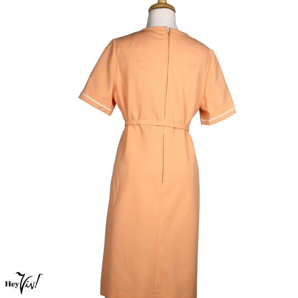 Vintage 60s Keyhole Dress Peach Knit White Cord Trim Sz L B38 W38 L22 - Hey Viv - Picture 3 of 7